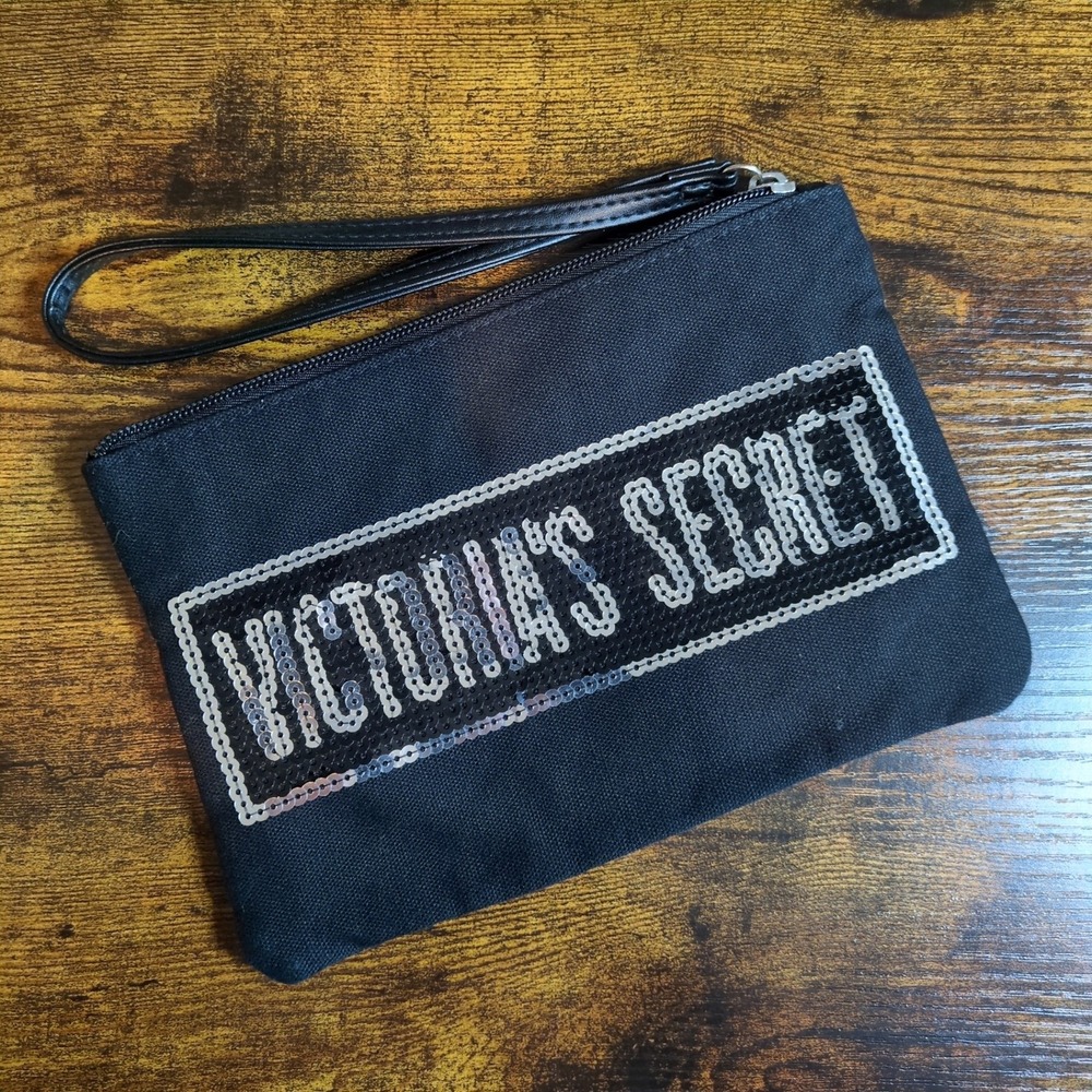 Victorias Secret Black Canvas Sequin Logo Wristlet Clutch Makeup Bag
